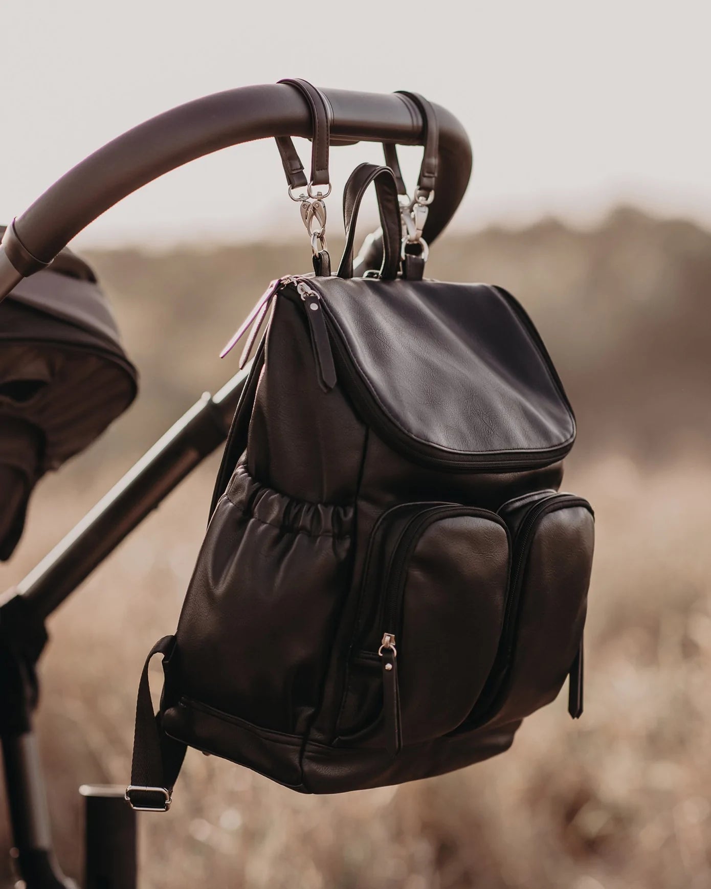 Black Faux Leather Nappy Backpack