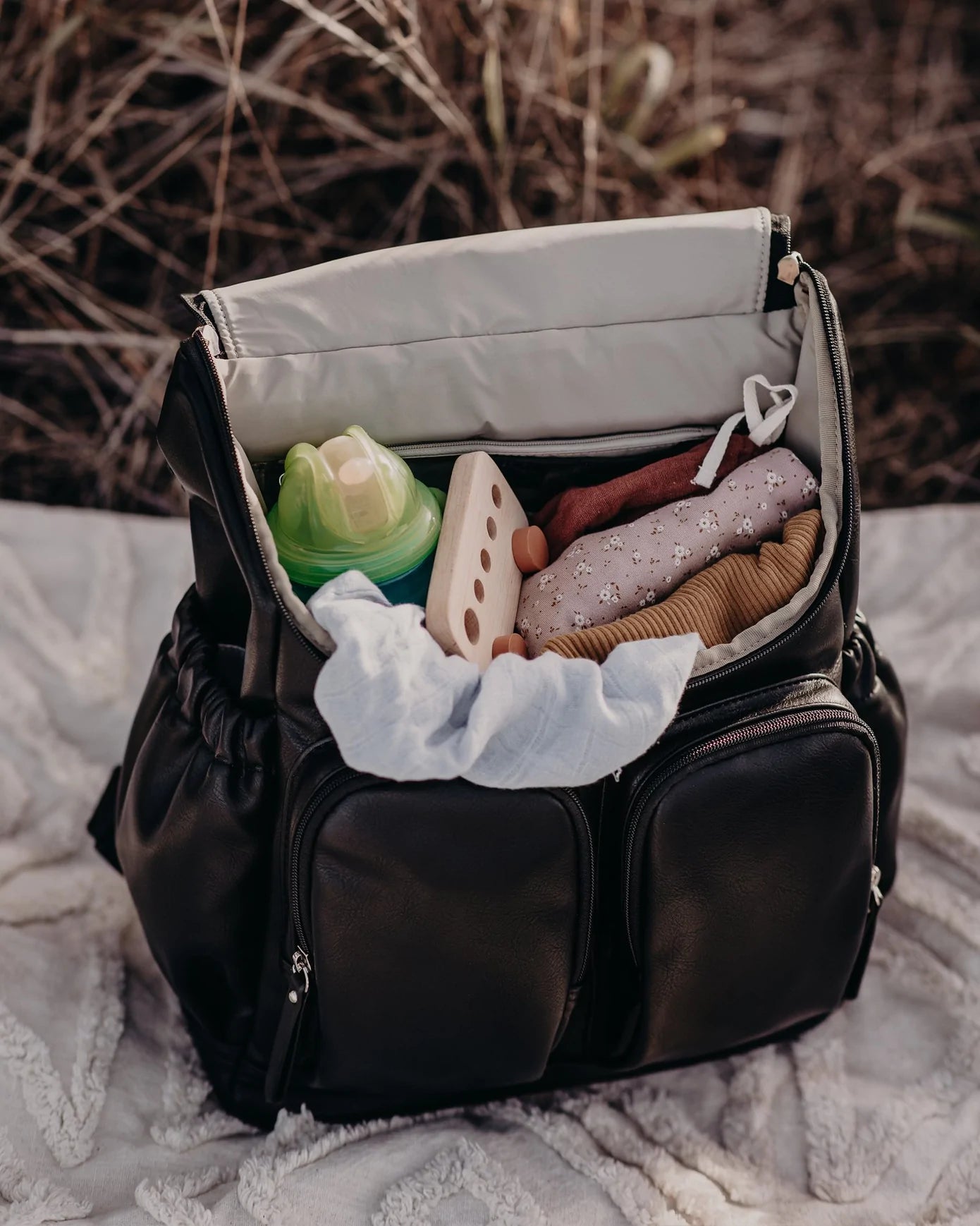 Black Faux Leather Nappy Backpack