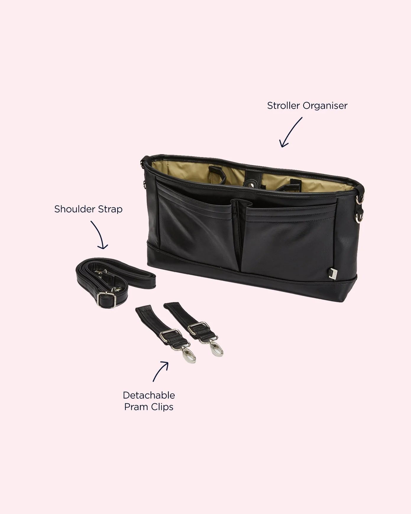 Signature Pram Caddy - Black Dimple Vegan Leather