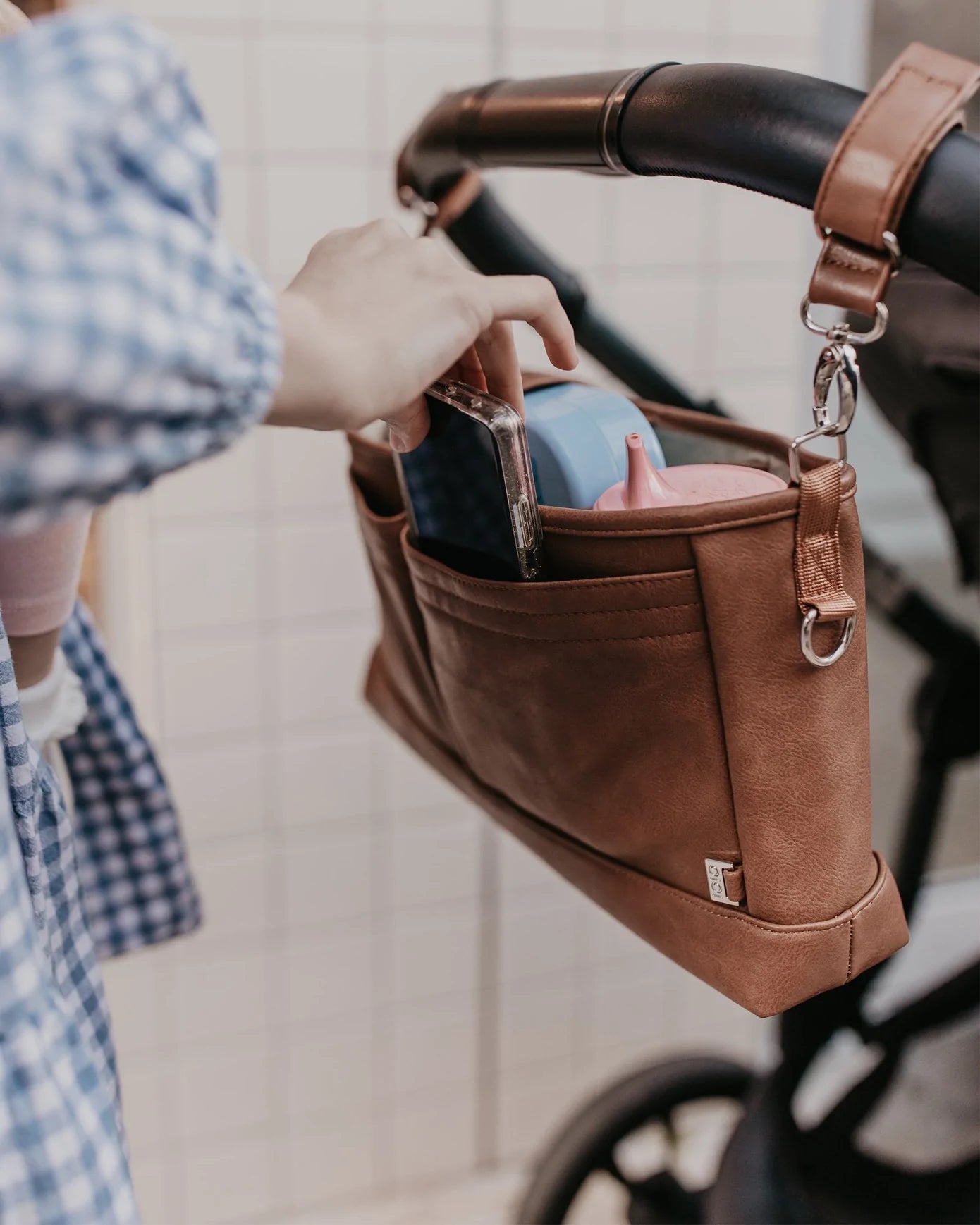 Faux Leather Pram Organiser Caddy - Tan