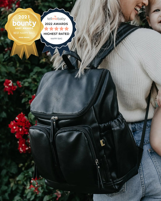 Black Faux Leather Nappy Backpack